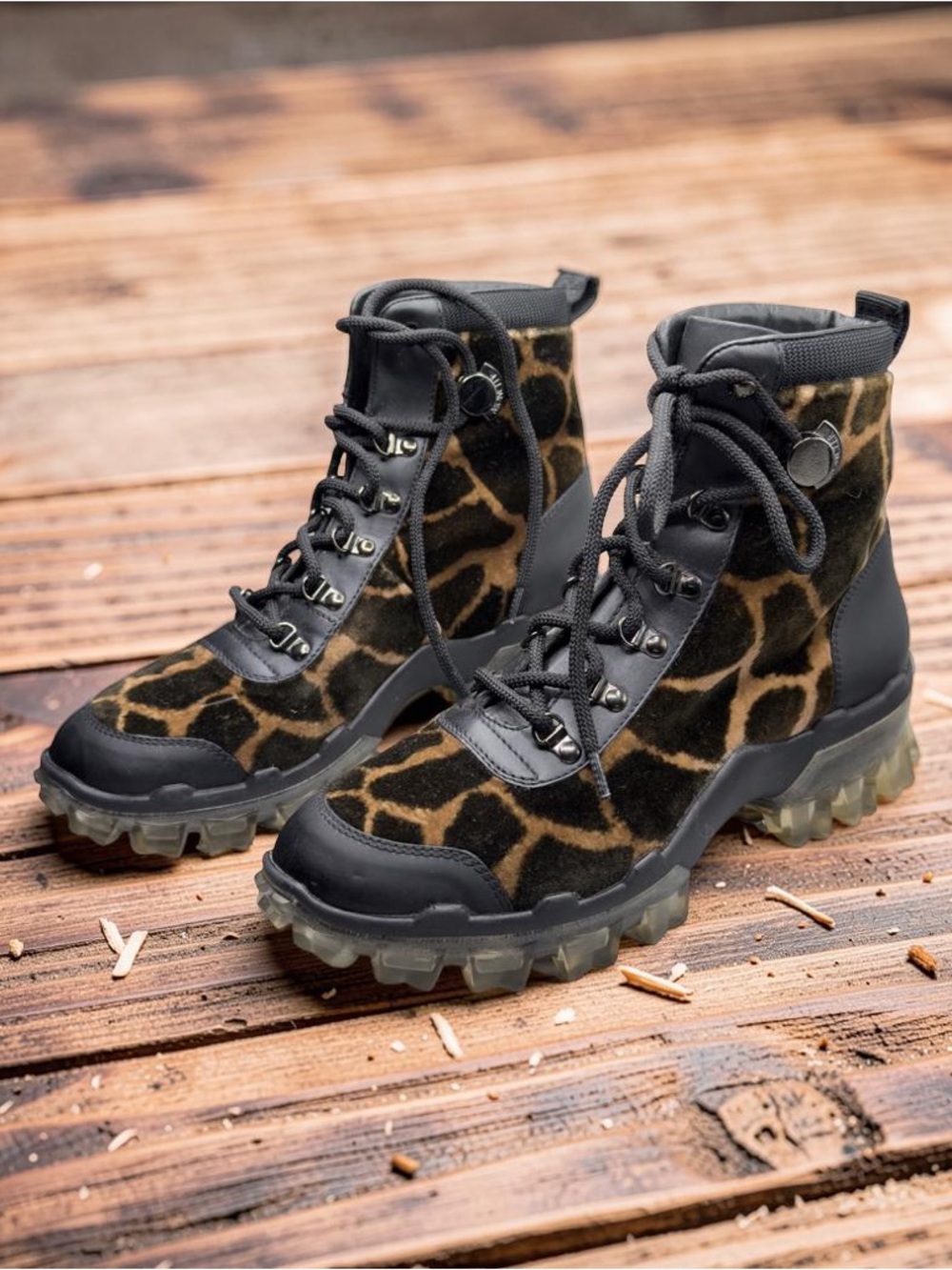 Moncler Helis Giraffe-Print Velvet & Leather Hiking Boots – Made in Italy
